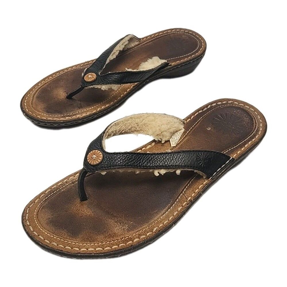 UGG Sandals Hamoa Thong Slip On Shoe Black Leather Sheepskin Women Size 10